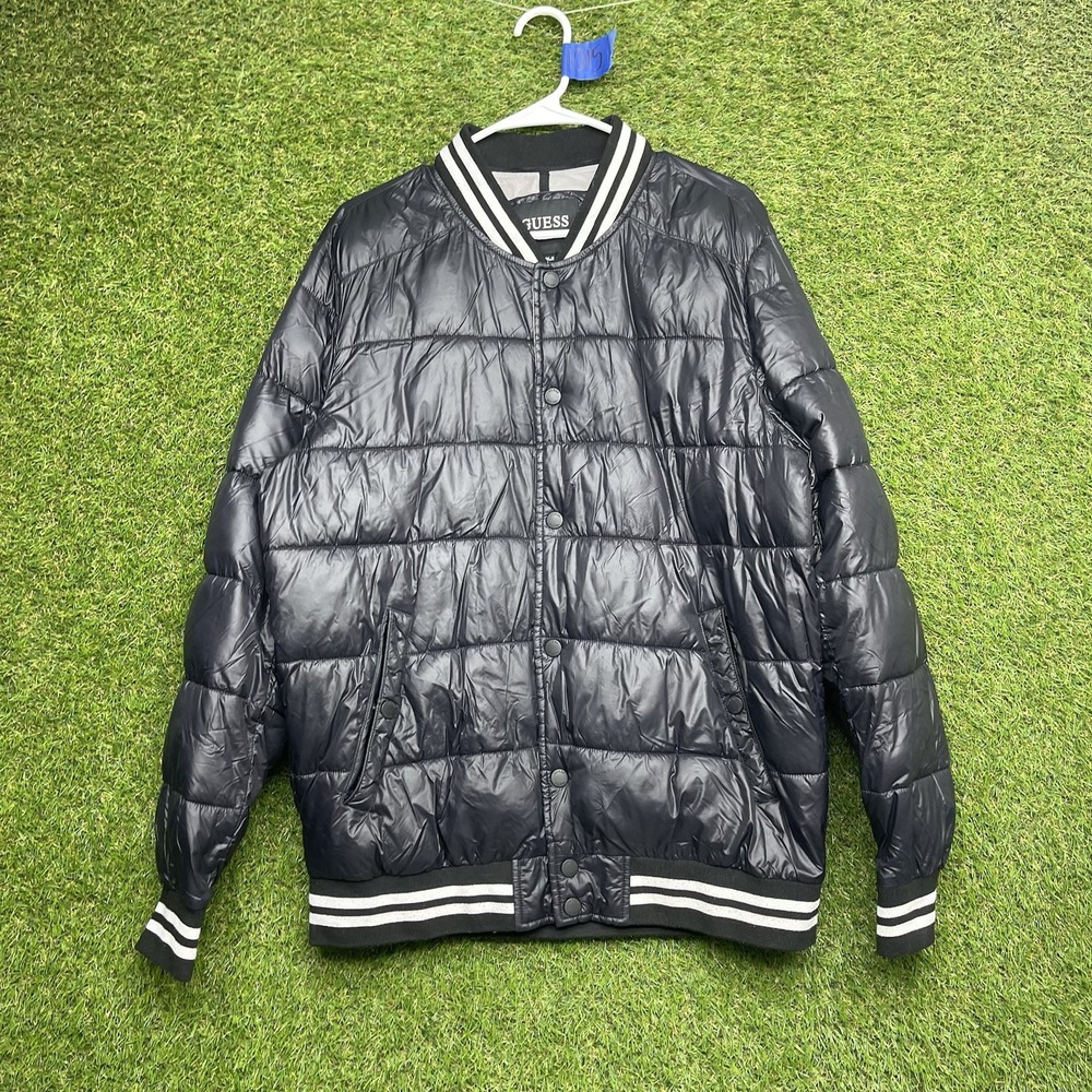 Guess Puffer Jacket Mens Large Softshell Quilted Varsity Black Outdoor